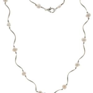 NEW, BEST SILVER, 14K WHITE GOLD PTD TWISTED BAR & WHITE FW PEARL NECKLACE